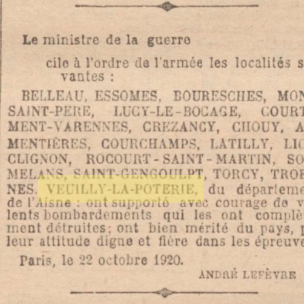 décret 22 octobre 1920 <small>© Commune de Veuilly-la-Poterie</small>